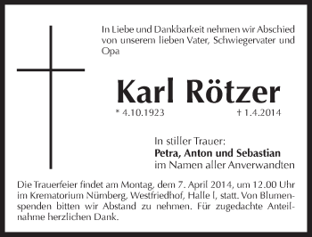 Traueranzeige von Karl Rötzer von Pegnitz-Zeitung